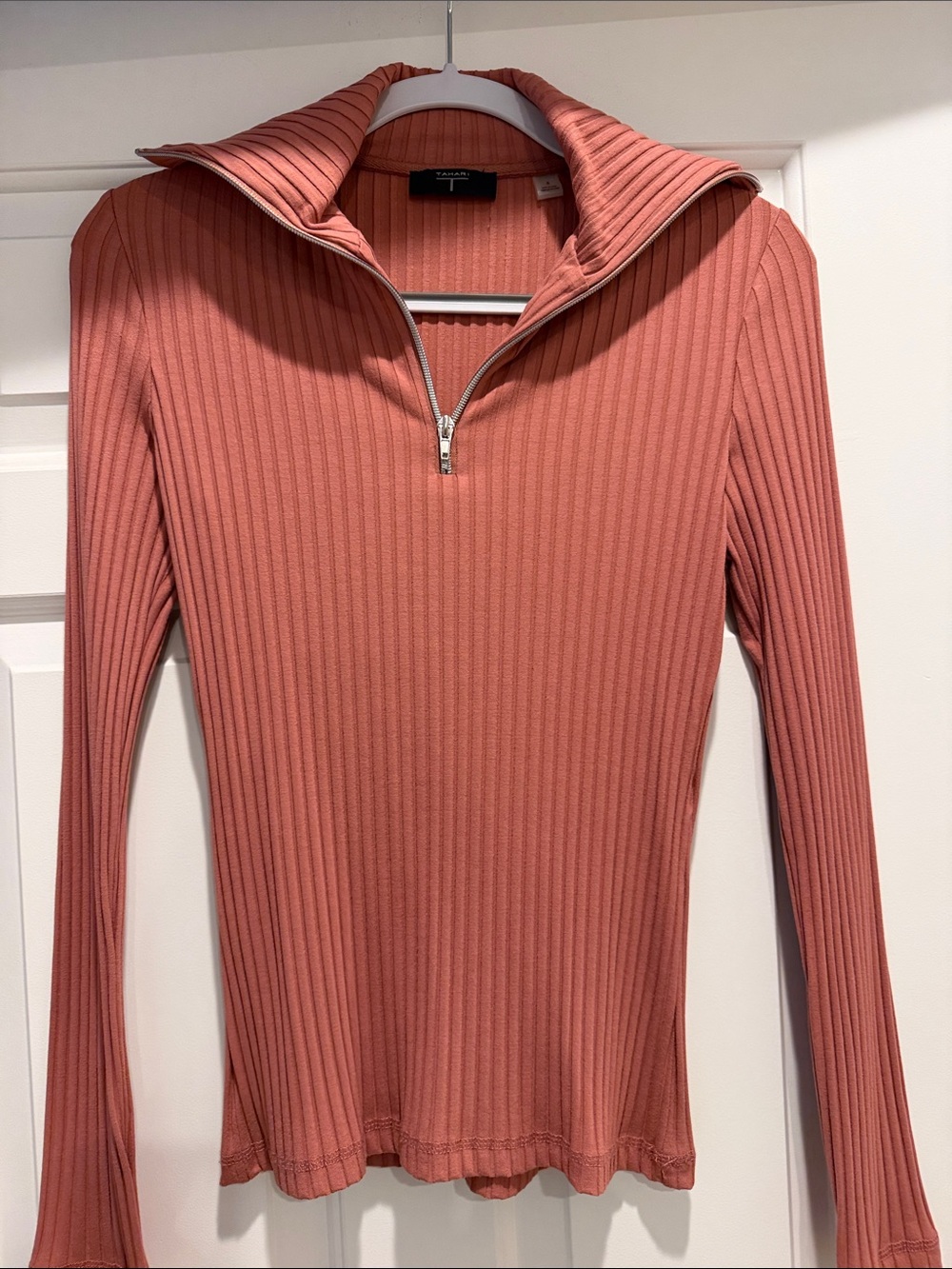 Tahari Ribbed Half-Zip Long Sleeve Top in Dusty Rose